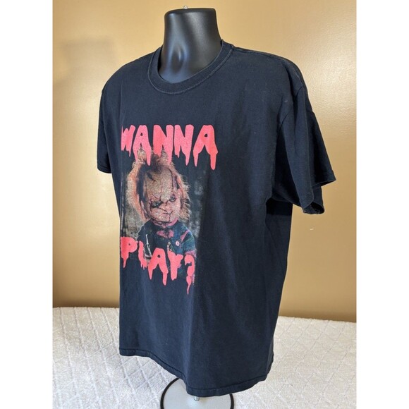 Chucky Doll Wanna Play Horror Movie Series Graphic Black Shirt Men’s Size L - Picture 8 of 16
